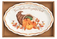 6" x 10" Oval "Give Thanks With a Grateful Heart" Cornucopia Ceramic Platter by Mud Pie