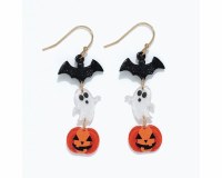 Gold Toned Bat, Ghost, and Jack-O-Lantern Dangle Halloween Earrings