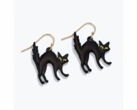 Gold Toned Scary Black Cat Halloween Earrings