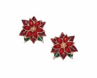 Gold Toned Red Poinsettia Christmas Earrings