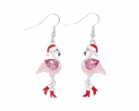 Silver Toned Flamingos Wearing Red Booties Christmas Earrings