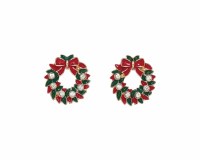 Gold Toned Red and Green Christmas Wreath Earrings