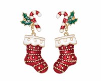 Gold Toned Candy Cane Stocking Christmas Earrings