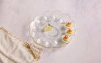 12" Round Gold and Clear Glass Egg Tray With a Fork by Mud Pie