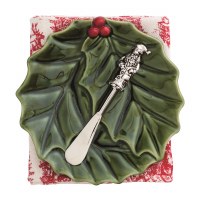 7" Round Green Ceramic Holly Platter With a Spreader and Kitchen Towel by Mud Pie