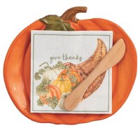 7" x 8" Orange Ceramic Pumpkin Plate With Beverage Napkins and a Spreder by Mud Pie
