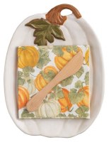 8" x 7" White Ceramic Pumpkin Plate With Beverage Napkins and a Spreder by Mud Pie