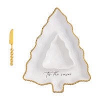 13" x 10" Gold and White Ceramic Christmas Tree Chip and Dip Dish With a Spreader by Mud Pie