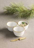 5" x 9" Triple White and Gold Ceramic Dip Bowl With a Spreader by Mud Pie