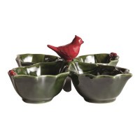 8" Four Comparment Ceramic Holly Dish With a Cardinal Spreader by Mud Pie
