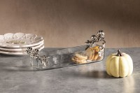 4" x 13" Distressed Silver Pumpkin Handles on a Glass Cracker Dish by Mud Pie