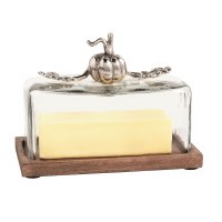 4" x 7" Distressed Silver Pumpkin on Glass Fall & Thanksgiving Butter Dish by Mud Pie