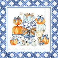 5" Square Dark Blue Pumpkin Topiary Grid Fall & Thanksgiving Beverage Napkins