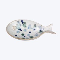 4" x 9" Blue and Green Spotted Ceramic Fish Dish