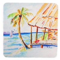 4" Sq Palms and Hut Tropical Coaster