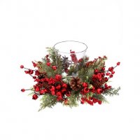 16" Faux Red Berries and Pine With a Glass Hurricane Centerpiece