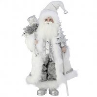 18" White and Silver Santa Holding a Gift Sack Statue