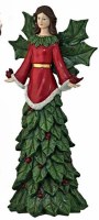 14" Green and Red Polyresin Holly Angel With Hands Down Holding a Cardinal Figurine