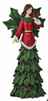 14" Green and Red Polyresin Holly Angel With One Hand Up Holding a Cardinal Figurine