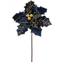 22" Faux Dark Blue and Gold Poinsettia Stem