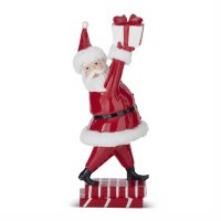 17" Red and White Glossy Polyresin Santa Holding a Gift in the Air Statue