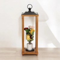24" Brown Wood and Metal Lantern With a Glass Hurricane