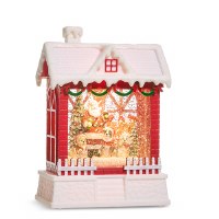 8" LED Santa With Dogs in a Red House Glitter Lantern