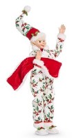 16" Elf Wearing Red and Green Holly Pajamas Figurine