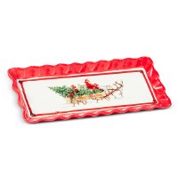 6" x 15" Red and White Santa in His Sleigh Ceramic Tray