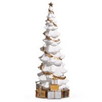 19" White and Gold Polyresin Christmas Tree With Presents Beneath Statue