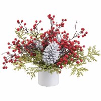 12" Faux Red Berries and White Pine Cone in a Terracotta Vase