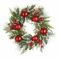 6" Opening Faux Pine and Holly With Red Ornaments Candle Ring