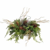 6" Faux Mixed pine and Twigs Glass Hurricane Centerpiece