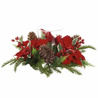 18" Faux Red Poinsettia and Pine Glass Hurricane Centerpiece