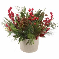 14" Faux Red Berries and Pine Mix in a White Cement Pot