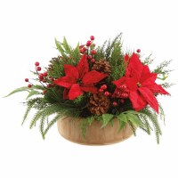 22" Round Faux Red Poinsettia and Pine Mix in a Bowl