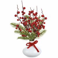 12" Faux Red Berries and Pine in a White Ceramic Vase