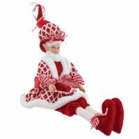 26" Red and White Elf Wearing a Diamond Patterned Jacket and Hat Figurine