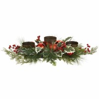 28" Faux Holly and Pine With Red Ornaments Triple Candle Holder Centerpiece
