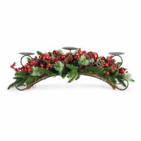 10" x 29" Faux Pine and Red Berries Triple Pillar Candle Arched Centerpiece