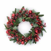 22" Round Faux Pine Wreath With Red Berries and Red Ornaments