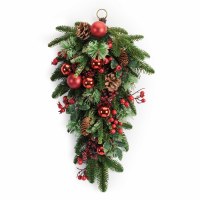 22" Faux Pine Drop With Red Berries and Red Ornaments