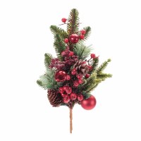 20" Faux Pine Spray With Red Berries and Red Ornaments
