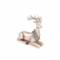 7" Gold Polyresin Reindeer Laying Wearing a Green Wreath Figurine