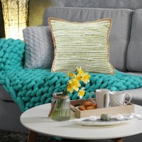 20" Sq Green and White Jute Border Decorative Pillow