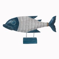 12" x 24" Dark Blue and White Wood Fish on a Stand Coastal Statue