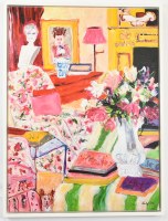 32" x 24" Room Scene With Flowers Canvas in a White Frame