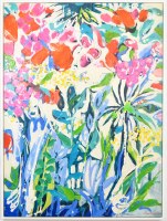 59" x 44" Multicolor Flowers Botanical Canvas in a White Frame