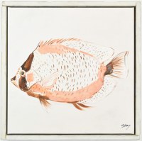 24" Sq Peach and Brown Sunfish Coastal Canvas in a White Washed Wood Frame