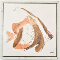 24" Sq Peach and Brown Angelfish Coastal Canvas in a White Washed Wood Frame